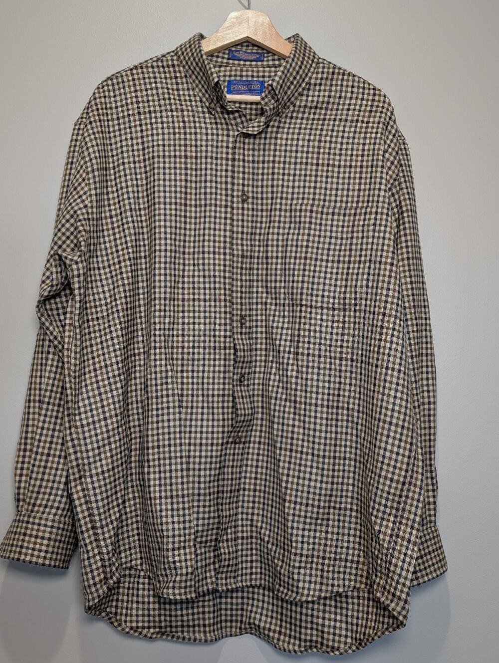 Sir Pendleton Wool Button Down Shirt Large Plaid Brown Blue Flannel Long Sleeve